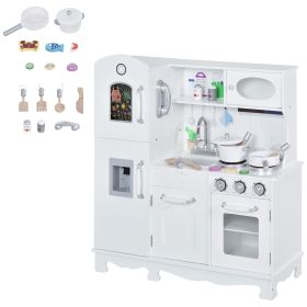 Qaba Large Kids Kitchen Set, Pretend Wooden Cooking Toy Set with Telephone, Water Dispenser Simulation Cooking Set, for Age 3 Years, White