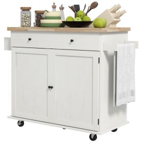 HOMCOM HOMCOM Mobile Kitchen Island, Solid Wood Top Breakfast Nook with Drawer and Doors, Kitchen Cart with Adjustable Shelf, White