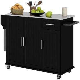 HOMCOM Black Mobile Kitchen Command: Rolling Island with Stainless Top, Drawers, Cabinets & Racks