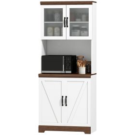 HOMCOM 70" Farmhouse Pantry Cabinet, Kitchen Hutch Storage Cabinet with Glass Doors, Adjustable Shelves, Open Microwave Countertop, White