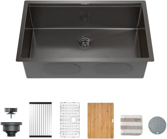 32-Inch Gloss Black Workstation Undermount Single Bowl Kitchen Sink;  16 Gauge Stainless Steel with Ceramic Coating and NanoTek Sink with Bamboo
