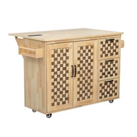 53.2"W 3D Woven Checkerboard Pattern Design Kitchen Island with Drop Leaf, Rolling Kitchen Island on Wheels with Internal Storage Rack, Power Out