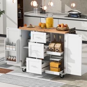 Rolling Kitchen Island with Storage, Kitchen Cart with Rubber Wood Top, 3 Drawer, 2 Slide-Out Shelf and Internal Storage Rack (Color: White, Material: MDF)